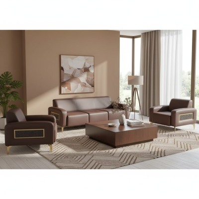 Office set 3-piece 3-seater with 2x armchairs brown solid color living room