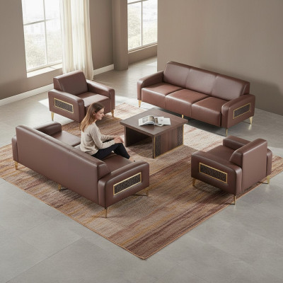 Office room set 4-piece 3-seater 2x armchair coffee table brown living room