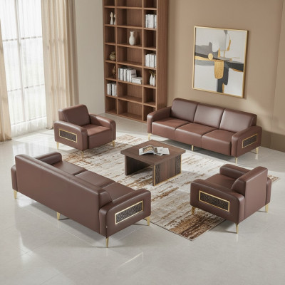 Office room set 4-piece 3-seater 2x armchair coffee table brown living room