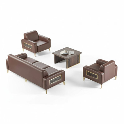 Office room set 4-piece 3-seater 2x armchair coffee table brown living room