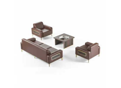 Office room set 4-piece 3-seater 2x armchair coffee table brown living room