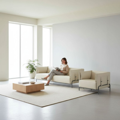 Office set 2-piece 3-seater armchair beige solid color cushion living room