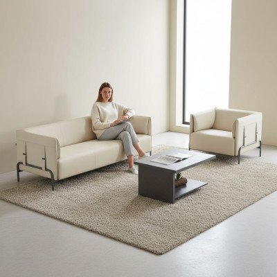 Study Room Set 3-piece Beige 3-Seater Armchair Gray Coffee Table Living Room