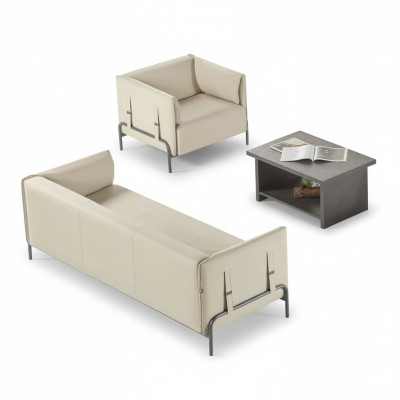 Study Room Set 3-piece Beige 3-Seater Armchair Gray Coffee Table Living Room