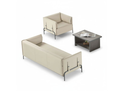 Study Room Set 3-piece Beige 3-Seater Armchair Gray Coffee Table Living Room