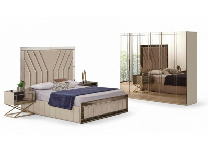 Complete beige bedroom set designer bed nightstands wardrobe 4-piece set