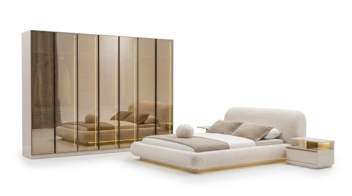 Luxurious bedroom furniture upholstered bed night consoles glass cabinet 4-piece set