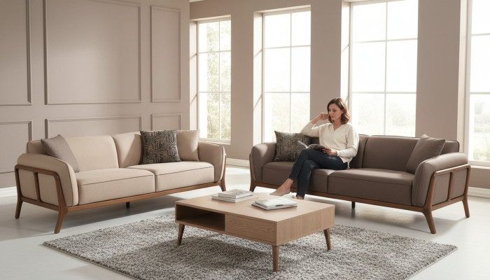 Stylish Beige Three-Seater Living Room Upholstered Sofa Set Furniture