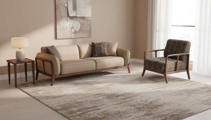 Beige stylish three-seater couch living room seating furniture upholstered armchair