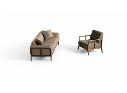 Beige stylish three-seater couch living room seating furniture upholstered armchair