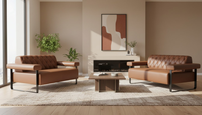 Brown Chesterfield leather sofas stainless steel original modern 2-seater button