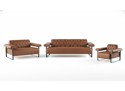 Complete brown leather sofas stainless steel 3-seater 2-seater Chesterfield sofa