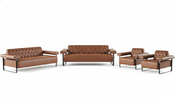 3-seater sofa set, 2x armchairs, stainless steel, Chesterfield design, brown