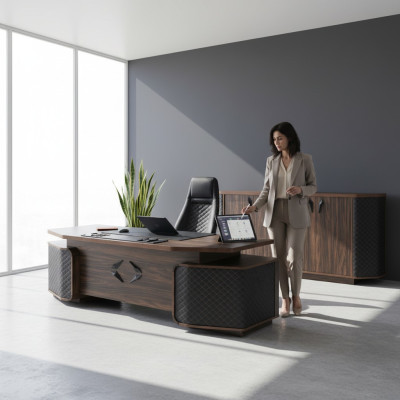 Home office set: office table, office chair, sideboard, black, brown, executive chair