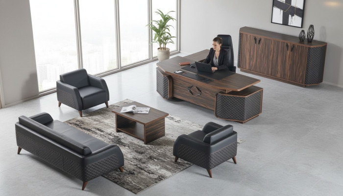 Home office set complete: sofas, desk, sideboard, office couch, leather