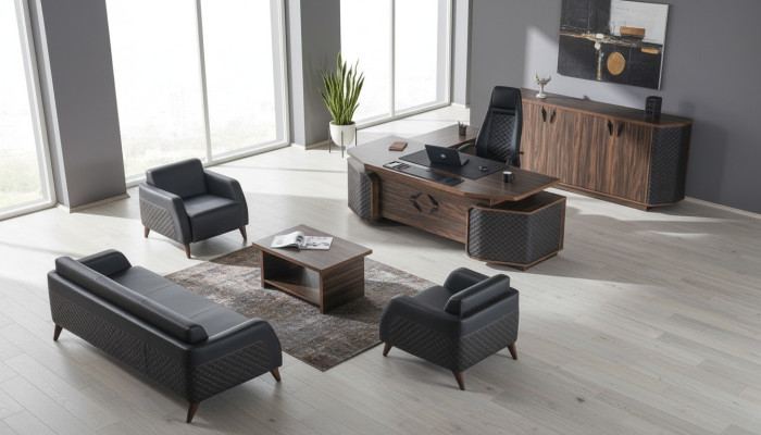 Home office set complete: sofas, desk, sideboard, office couch, leather