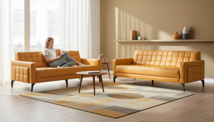 Yellow Sofa Set 3-Seater Sofas Chesterfield Leather Sofas Modern Leather Stainless Steel