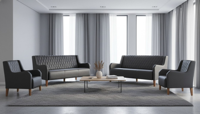 Leather sofas upholstered set 3-seater armchair black leather wood modern