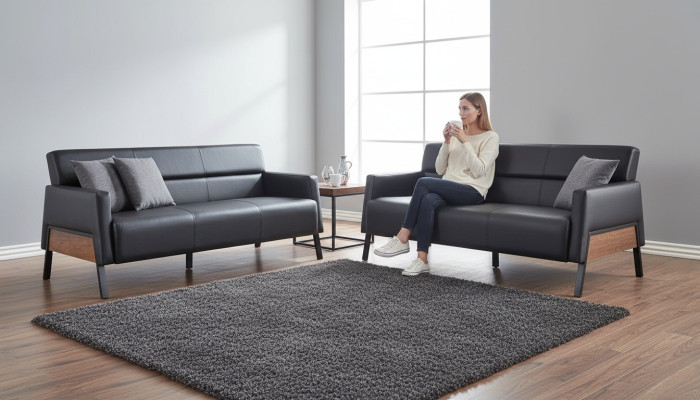 Leather sofa set 3-seater black modern leather stainless steel couch wood