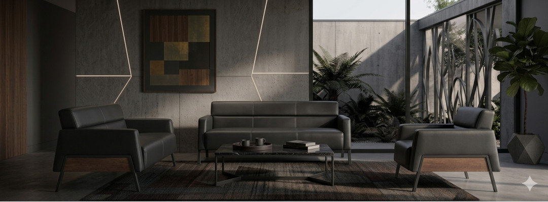 Black leather sofa set, modern 3-seater, 2-seater, armchair seating furniture