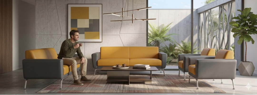 Complete Set 2-seater Armchair Yellow Gray Stainless Steel Leather Sofas Sofa Set