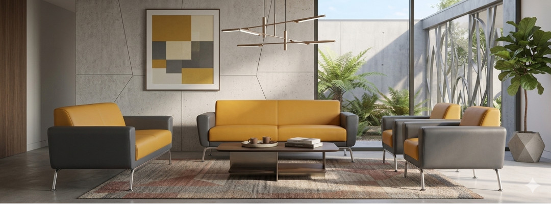 Complete Set 2-seater Armchair Yellow Gray Stainless Steel Leather Sofas Sofa Set