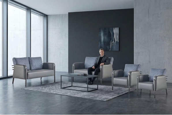 Sofa Set Upholstery 3-Seater Armchair Blue Grey Leather Sofas Upholstery