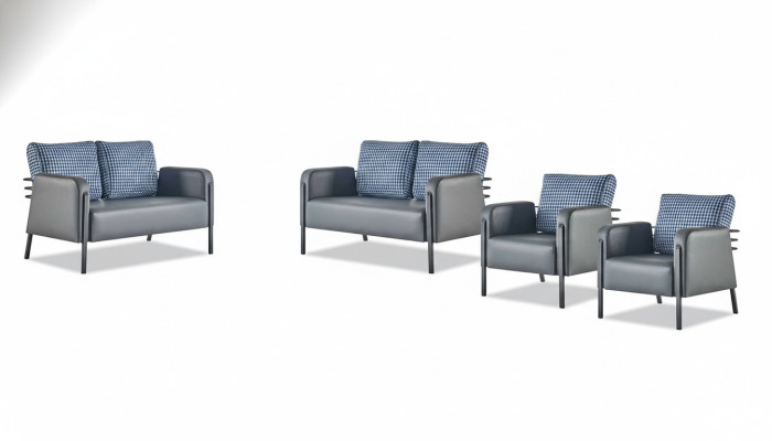 Sofa Set Upholstery 3-Seater Armchair Blue Grey Leather Sofas Upholstery