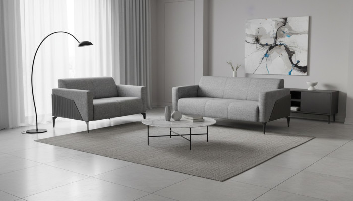 Sofa set, 3-seater, 2-seater, gray leather, modern couch, fabric