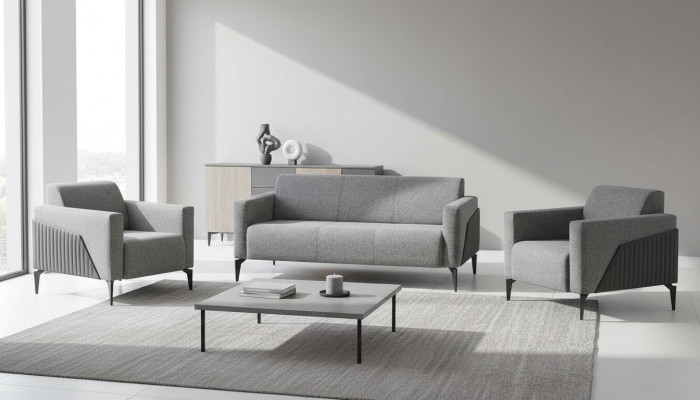 Complete set: 3-seater, 2-seater, armchair, gray leather, modern textile couch