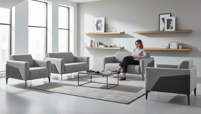 Complete Sofa Set Loveseat Armchair Gray Stainless Steel Textile Wood