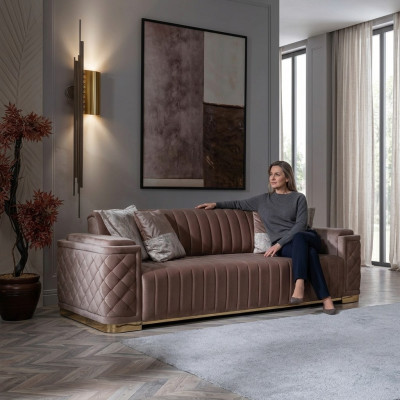 Modern pink fabric upholstered 3-seater sofa