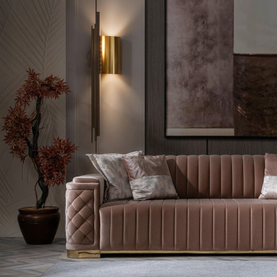 Modern pink fabric upholstered 3-seater sofa