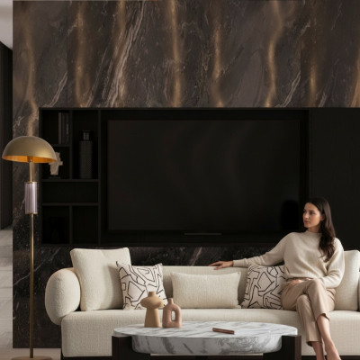 Modern 3-seater sofa in luxury fabric and wood