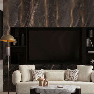 Modern 3-seater sofa in luxury fabric and wood
