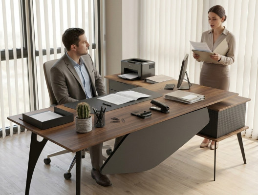 Work table L-shape corner desk storage table brown black