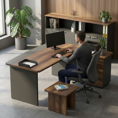 Study room set, table, sideboard, coffee table, storage space, wood, gray, brown