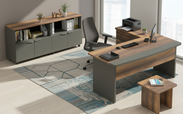 Study room set, table, sideboard, coffee table, storage space, wood, gray, brown