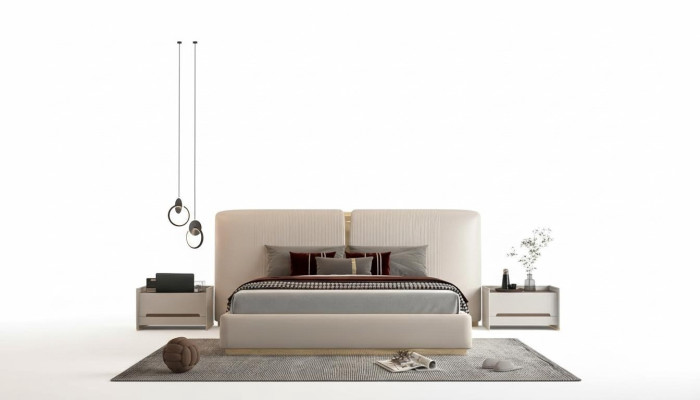 Beige luxury bed with gold details, modern design, headboard for the bedroom