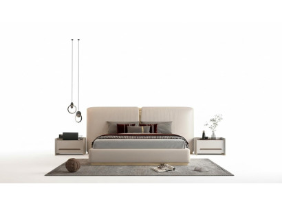 Beige luxury bed with gold details, modern design, headboard for the bedroom