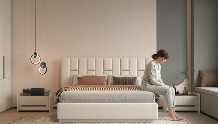 Beige luxury bed with modern upholstered headboard