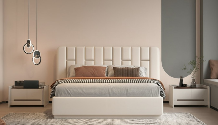 Beige luxury bed with modern upholstered headboard