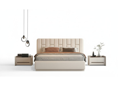 Beige luxury bed with modern upholstered headboard