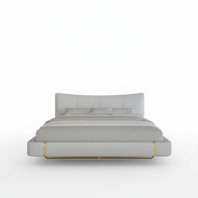 Luxury gray bed with gold details, modern design and comfortable headboard