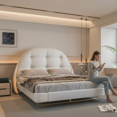 Luxury gray bed with gold details and modern round headboard