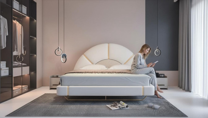 Luxury modern bed with gold details, semicircular headboard