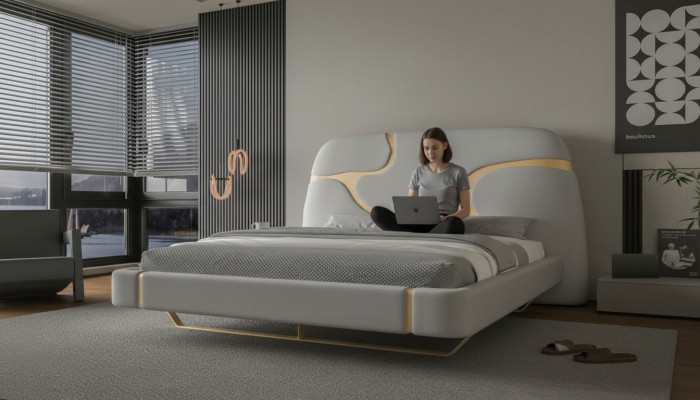 Luxury bed with gold details Modern design Headboard padded Bedroom