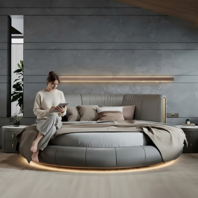 Gray-beige round bed with exclusive modern design for the bedroom
