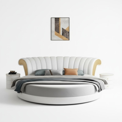 Beige round bed with modern design for the bedroom