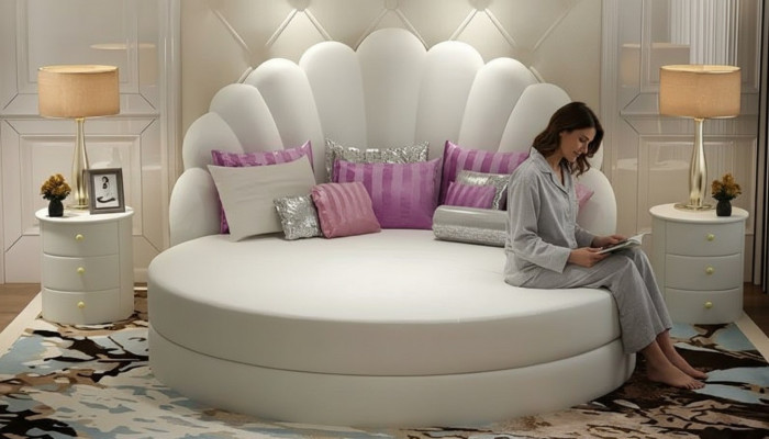 Elegant white round bed with velvety purple upholstery for modern bedroom